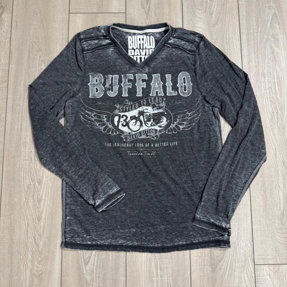 Buffalo David Bitton T-Shirt Mens Medium Gray Long Sleeve Motorcycle Graphic
